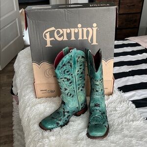 Ferrini Teal Embroidered Horseshoe Cowboy Boots